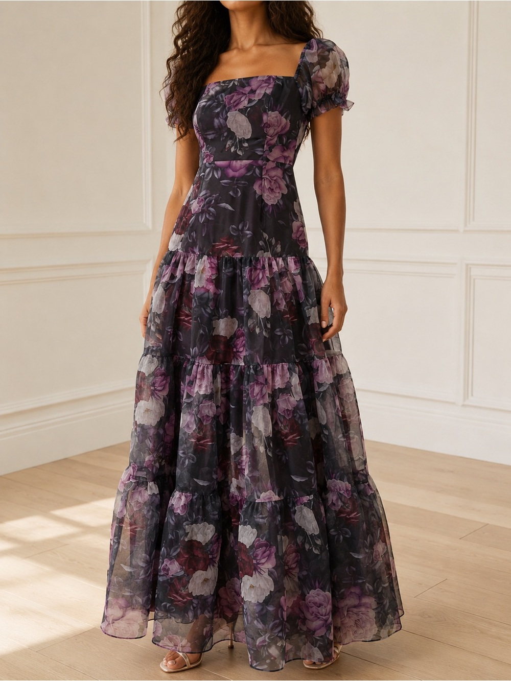 NWT Lulus Delightful Expression Maxi Dress Sz Medium Black Purple Floral Organza